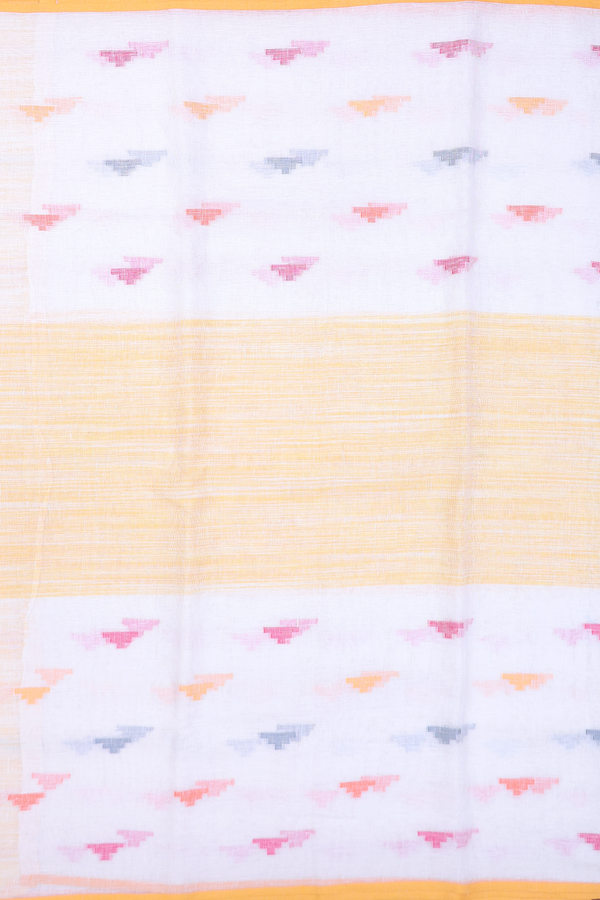 Linen Saree In Yellow And White With Threadwork Buttas