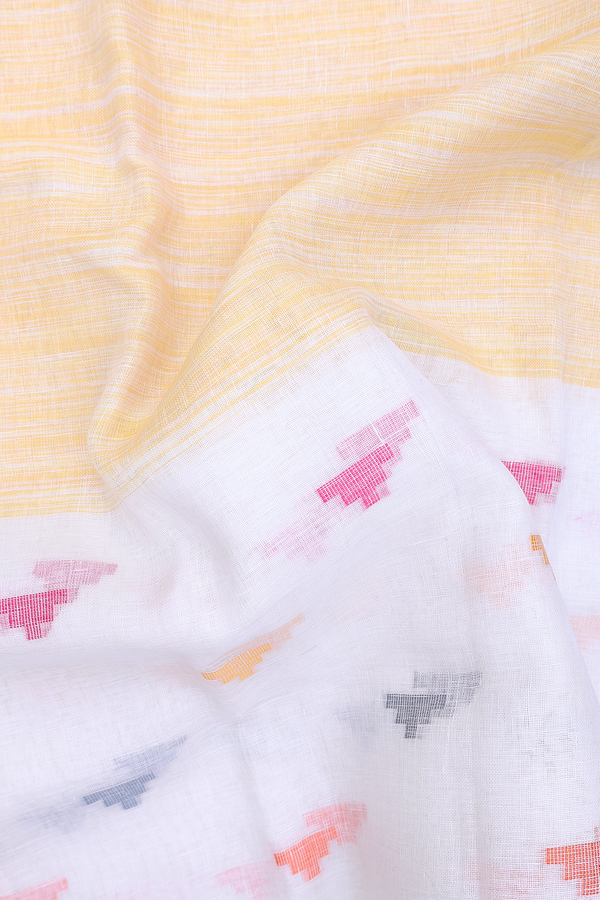 Linen Saree In Yellow And White With Threadwork Buttas