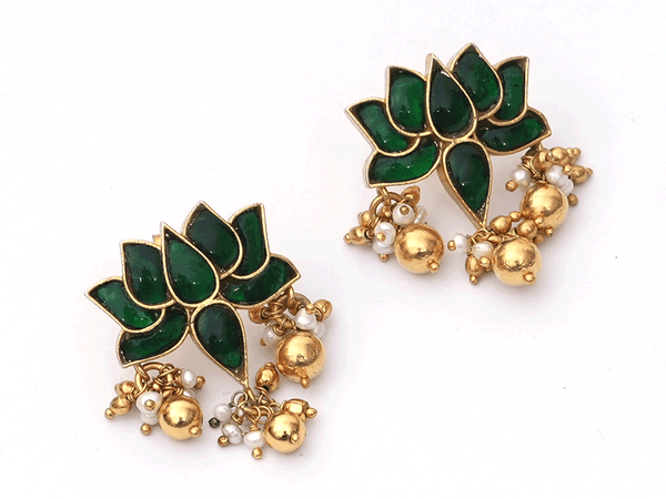 Lotus Design With Beads Gold Plated Silver Earrings
