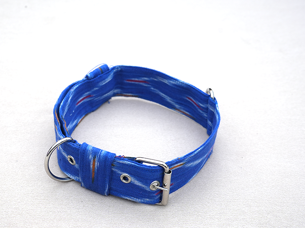 Azure Blue Ikat Cotton Dog Collar With Rope Set