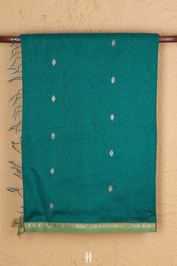 Maheswari Silk Cotton Saree In Teal Blue With Floral Buttas