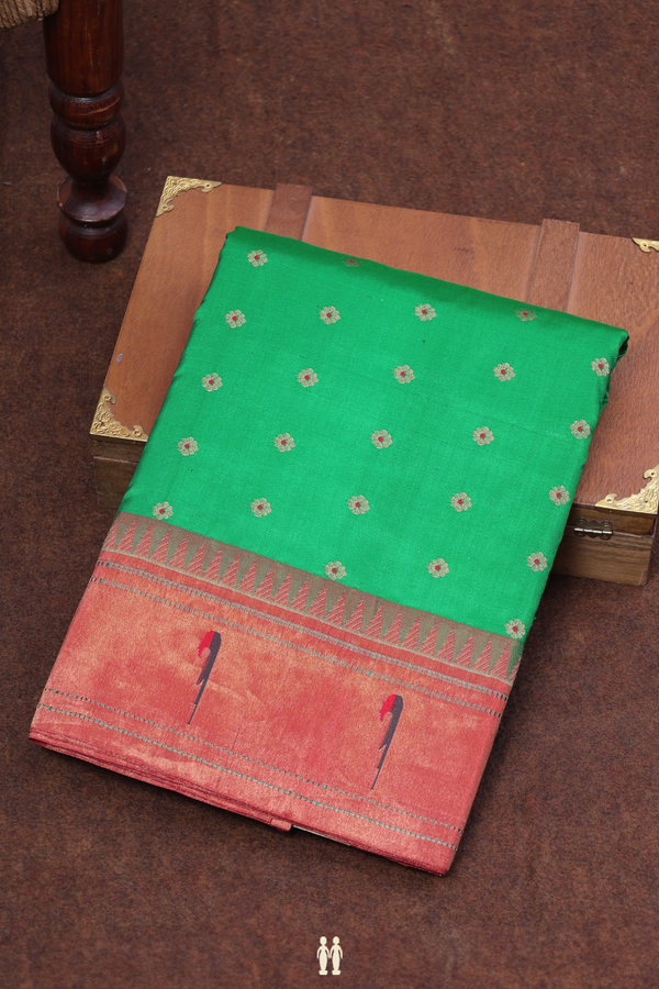 Paithani Silk Saree In Green With Floral Buttas