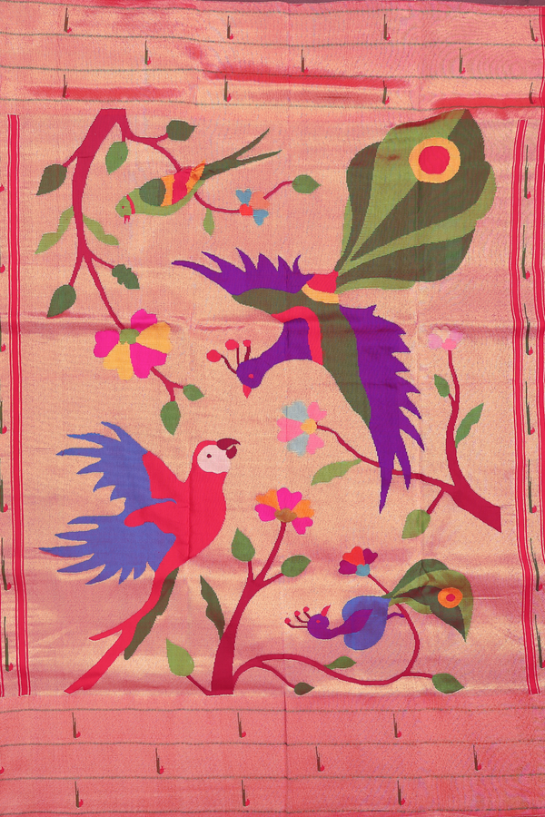 Paithani Silk Saree In Reddish Pink With Paisley Buttas