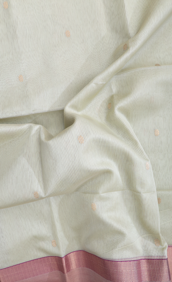 Maheswari Silk Cotton Saree Pale Green Stripes Along Buttas