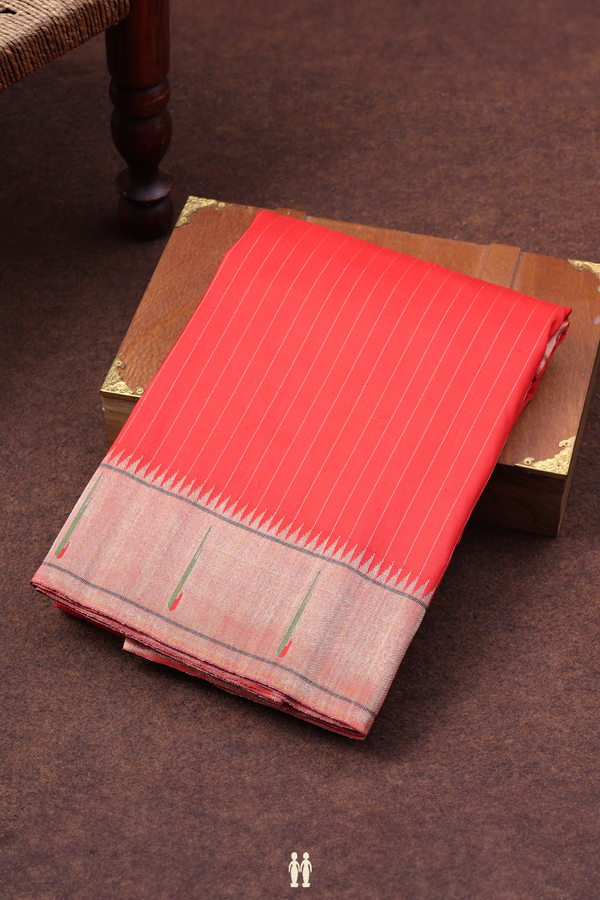 Paithani Silk Saree In Chilli Red With Stripes Design