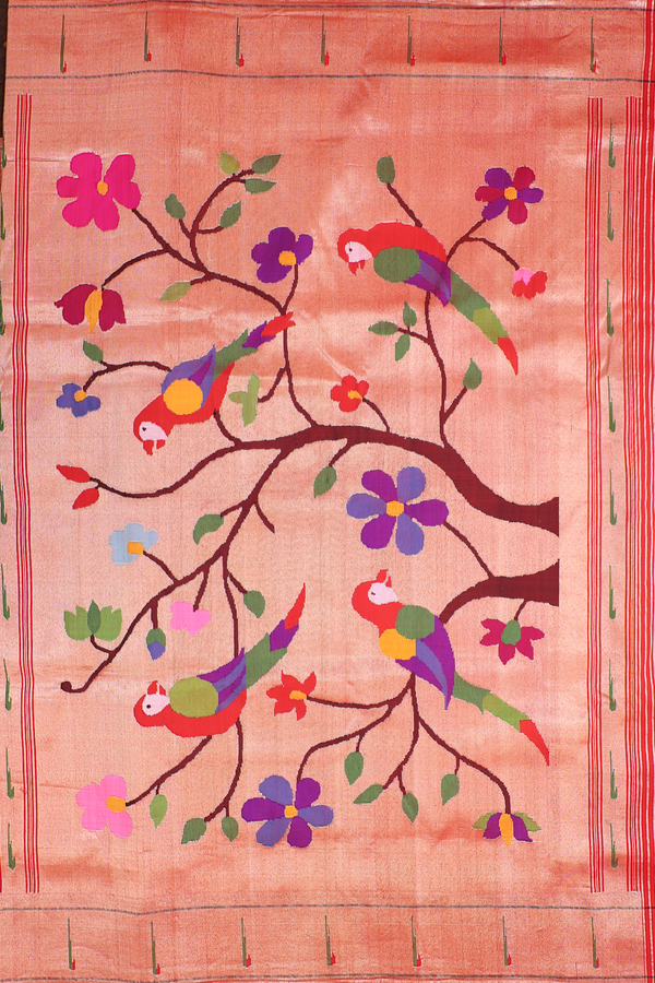 Paithani Silk Saree In Chilli Red With Stripes Design
