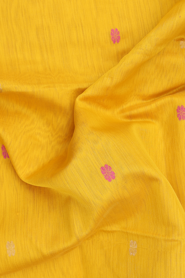 Maheswari Silk Cotton Saree In Yellow With Floral Buttas