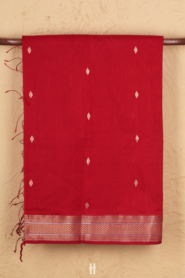 Maheswari Silk Cotton Saree In Crimson Red With Zari Buttas