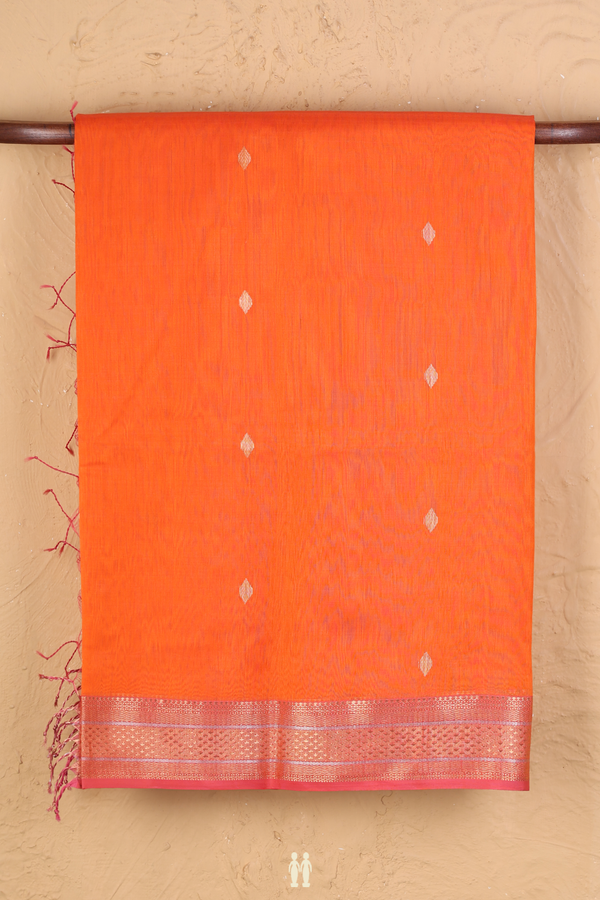 Maheswari Silk Cotton Saree In Bright Orange With Zari Buttas