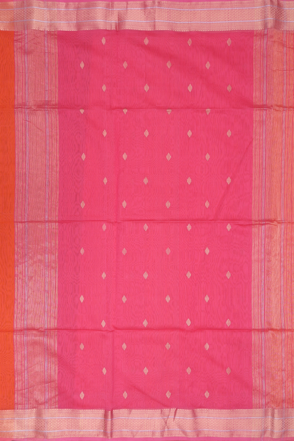 Maheswari Silk Cotton Saree In Bright Orange With Zari Buttas