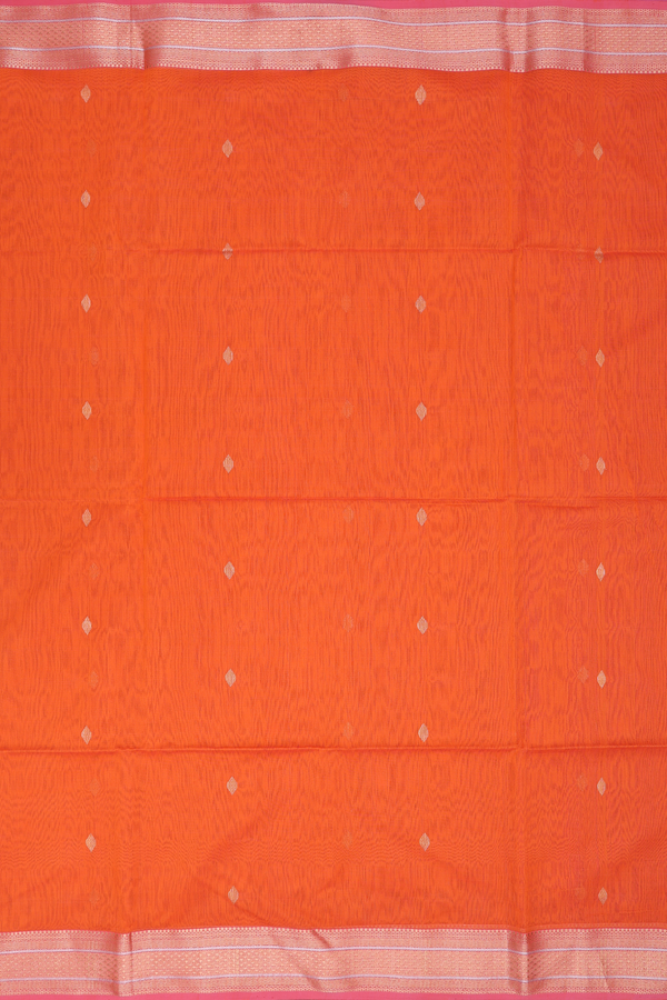 Maheswari Silk Cotton Saree In Bright Orange With Zari Buttas