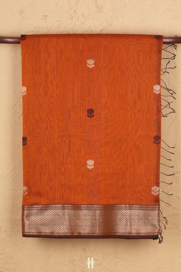 Maheswari Silk Cotton Saree In Burnt Orange With Floral Buttas