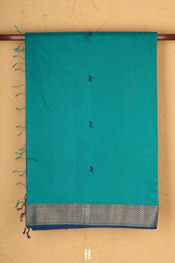 Maheswari Silk Cotton Saree In Green With Threadwork Buttas