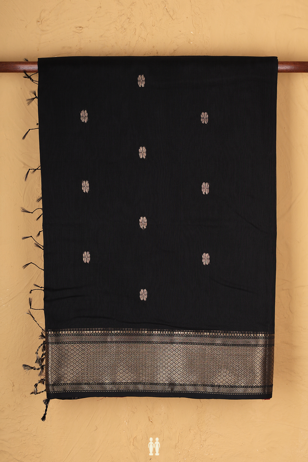 Maheswari Silk Cotton Saree In Black With Floral Buttas