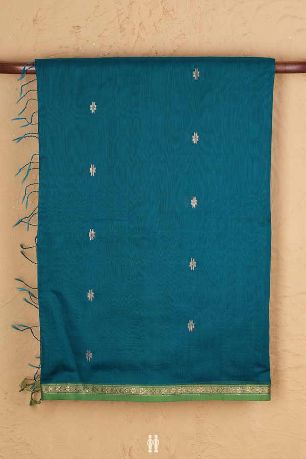 Maheswari Silk Cotton Saree In Teal Blue With Floral Buttas