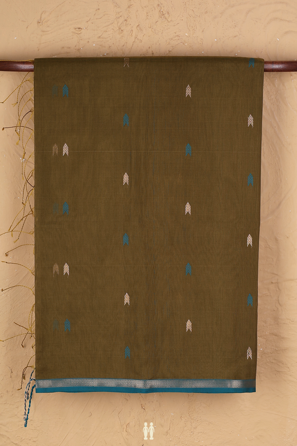 Maheswari Silk Cotton Saree Mehendi Green With Arrow Buttas