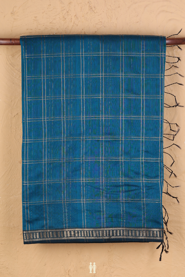 Maheswari Silk Cotton Saree In Teal Blue With Checks Design
