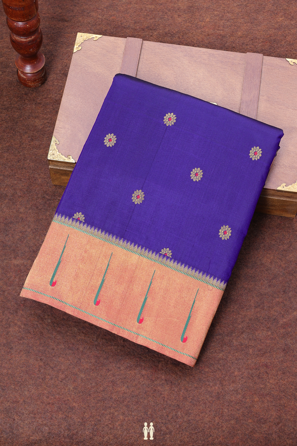 Paithani Silk Saree In Royal Blue With Floral Buttas