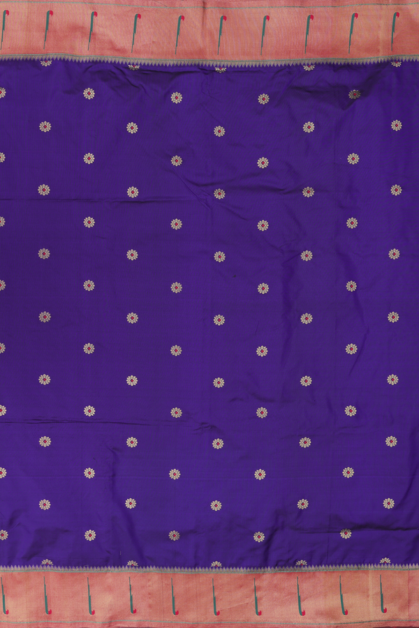 Paithani Silk Saree In Royal Blue With Floral Buttas