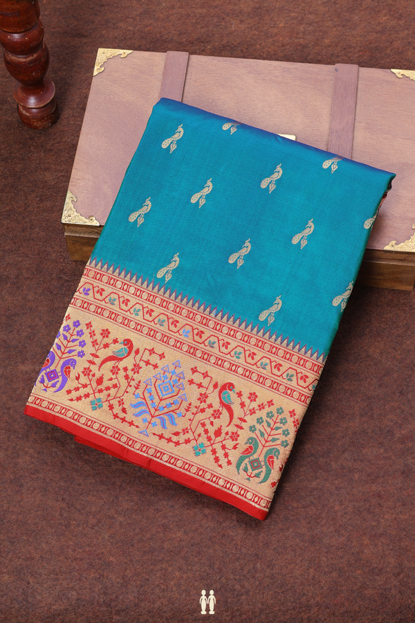 Paithani Silk Saree In Teal Blue With Peacock Buttas