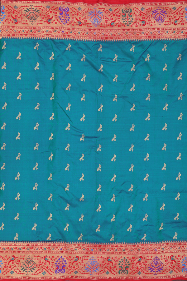 Paithani Silk Saree In Teal Blue With Peacock Buttas