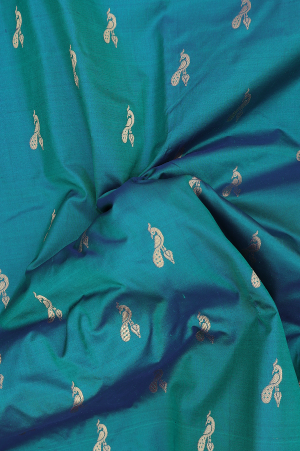 Paithani Silk Saree In Teal Blue With Peacock Buttas