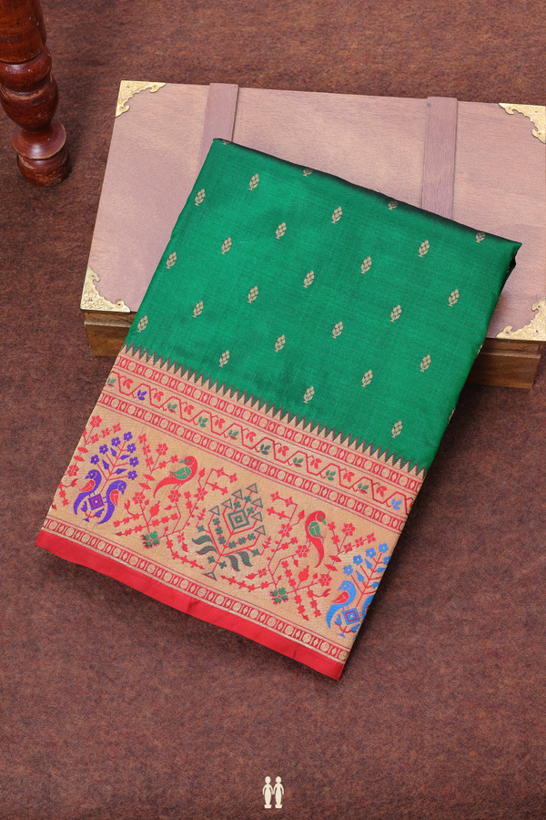 Paithani Silk Saree In Emerald Green With Zari Buttis