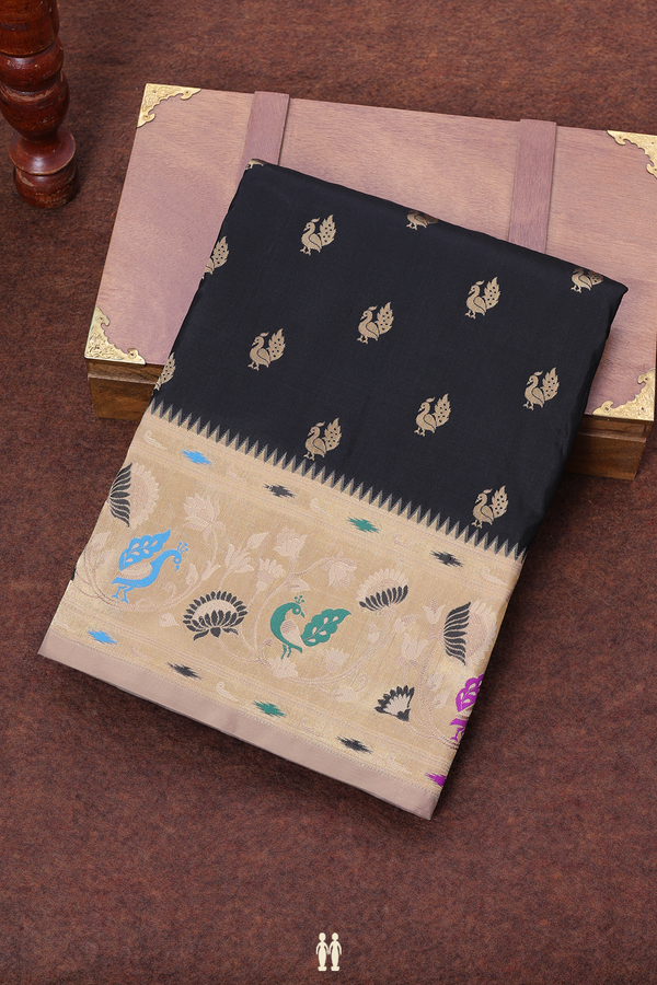 Paithani Silk Saree In Black With Peacock Buttas