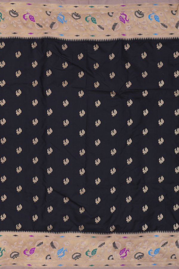 Paithani Silk Saree In Black With Peacock Buttas