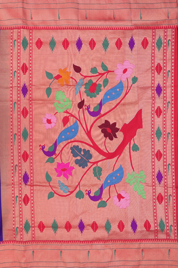 Paithani Silk Saree In Royal Blue With Floral Buttas