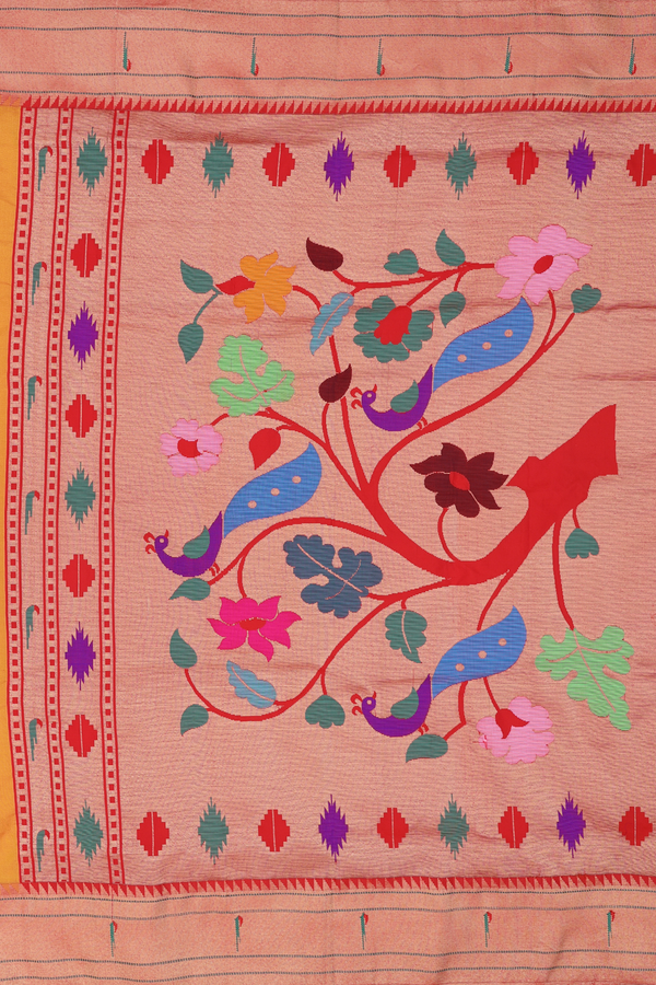 Paithani Silk Saree In Orange With Floral Buttas