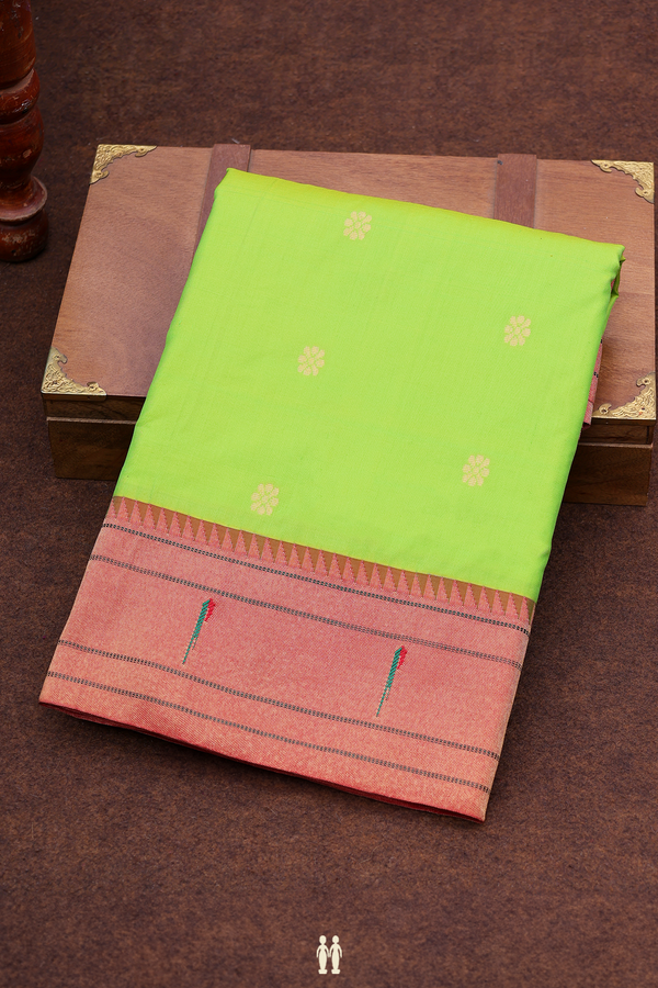 Paithani Silk Saree In Lime Green With Floral Buttas