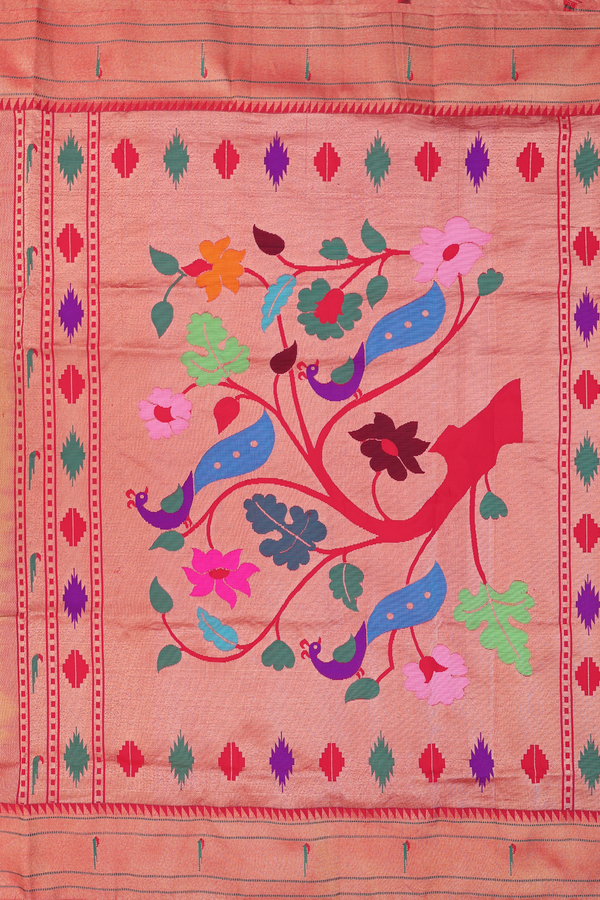 Paithani Silk Saree In Lime Green With Floral Buttas