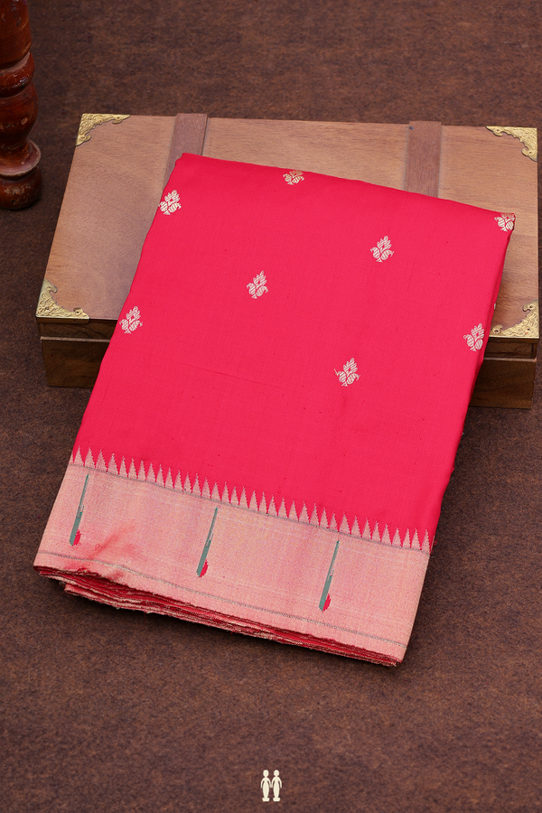 Paithani Silk Saree In Chilli Red With Paisley Buttis