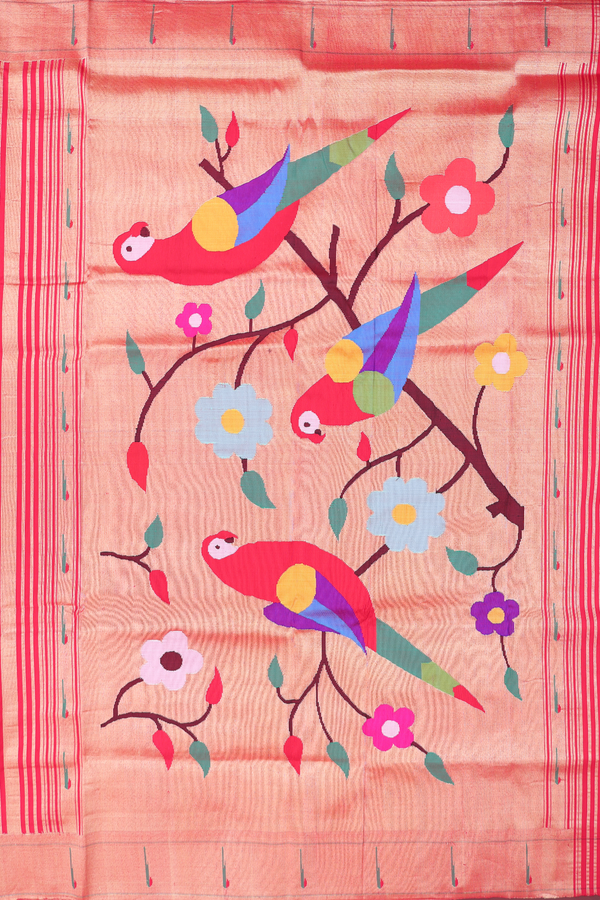 Paithani Silk Saree In Chilli Red With Paisley Buttis