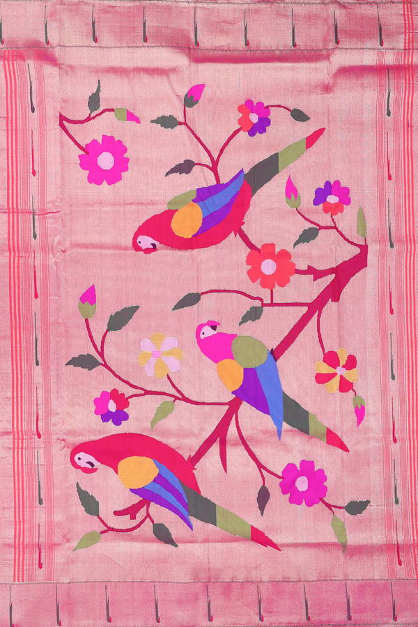 Paithani Silk Saree In Coral Pink With Polka Buttas