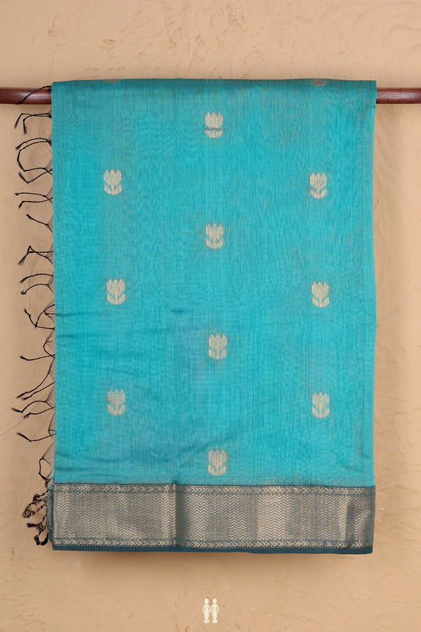 Maheswari Silk Cotton Saree Turkish Blue With Floral Buttas