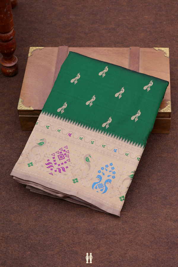 Paithani Silk Saree In Forest Green With Peacock Buttas