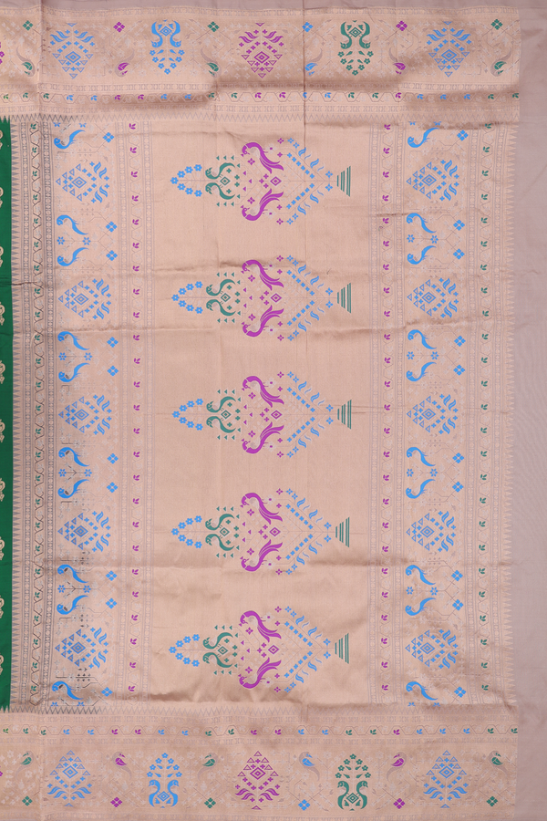 Paithani Silk Saree In Forest Green With Peacock Buttas