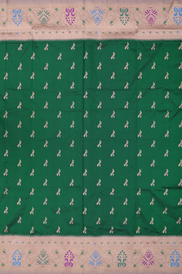 Paithani Silk Saree In Forest Green With Peacock Buttas