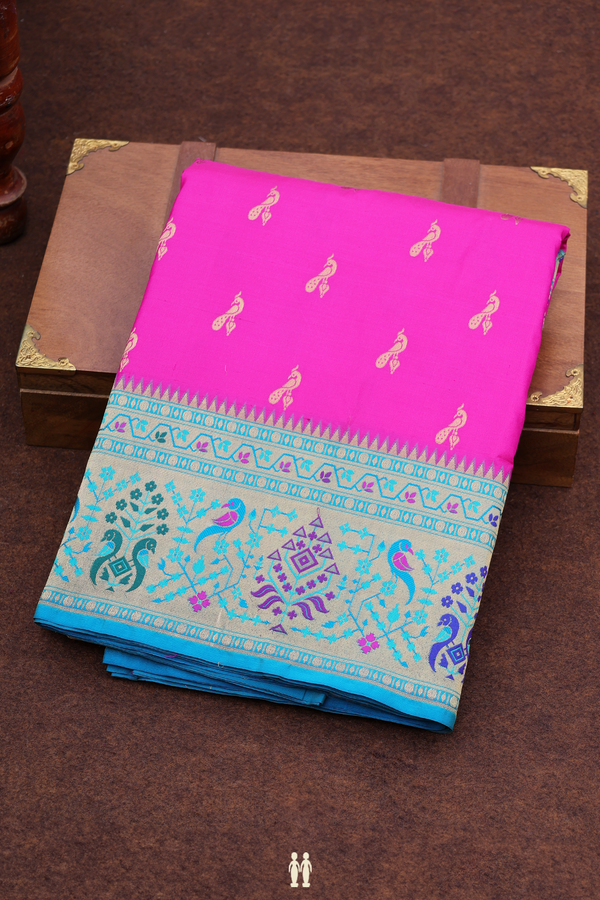 Paithani Silk Saree In Magenta With Peacock Buttas