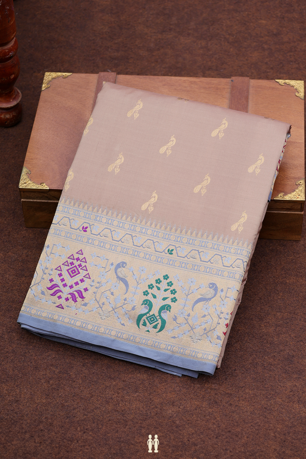 Paithani Silk Saree In Dusty Brown With Peacock Buttas