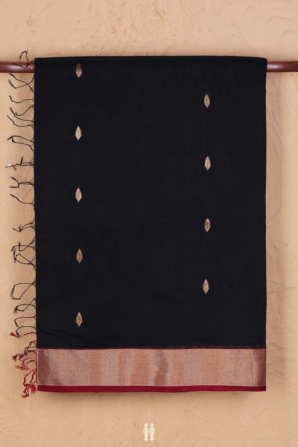 Maheswari Silk Cotton Saree In Black With Zari Buttas