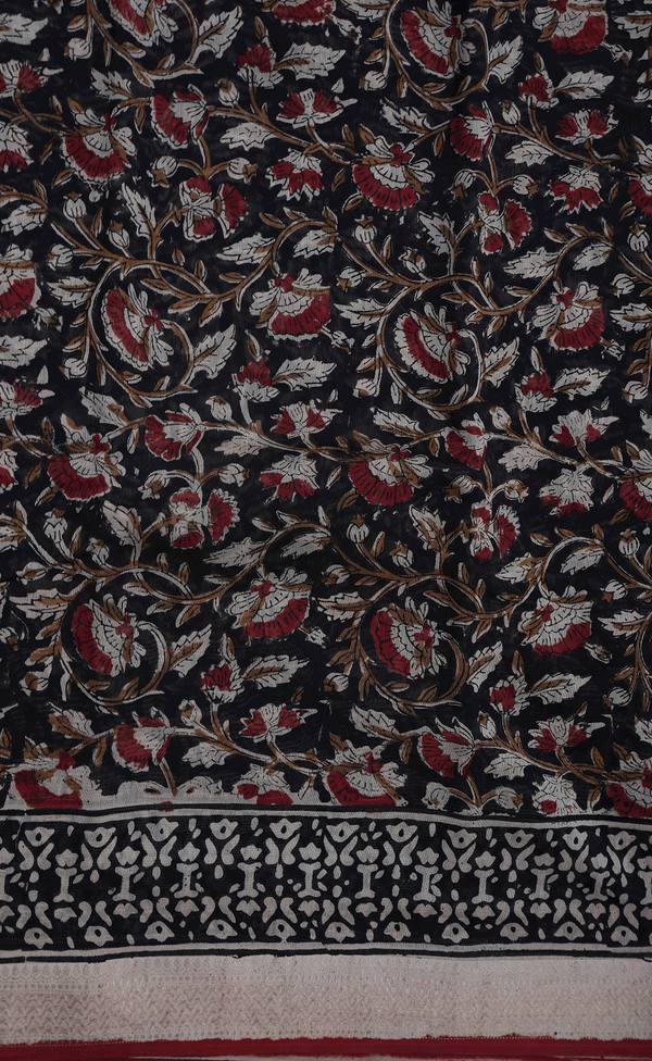 Floral Printed Design Black Chanderi Cotton Saree