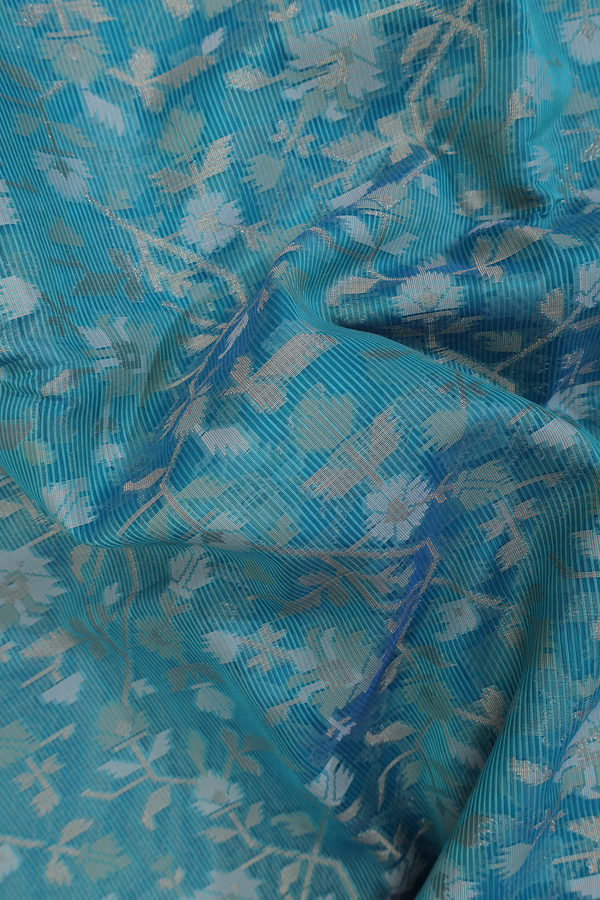 Kota Cotton Saree In Turkish Blue With Floral Design