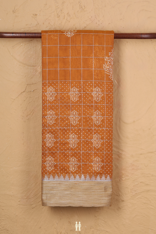 Chanderi Cotton Saree In Ochre Orange With Checks Design