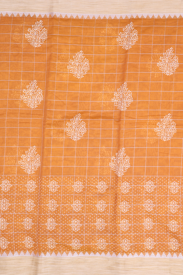 Chanderi Cotton Saree In Ochre Orange With Checks Design
