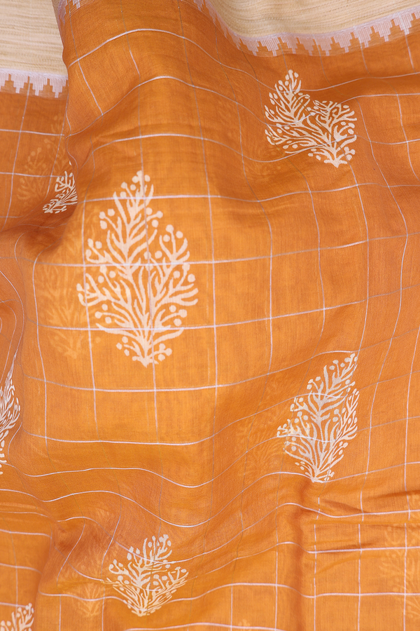 Chanderi Cotton Saree In Ochre Orange With Checks Design