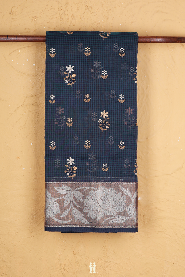 Kota Cotton Saree In Prussian Blue With Floral Buttas