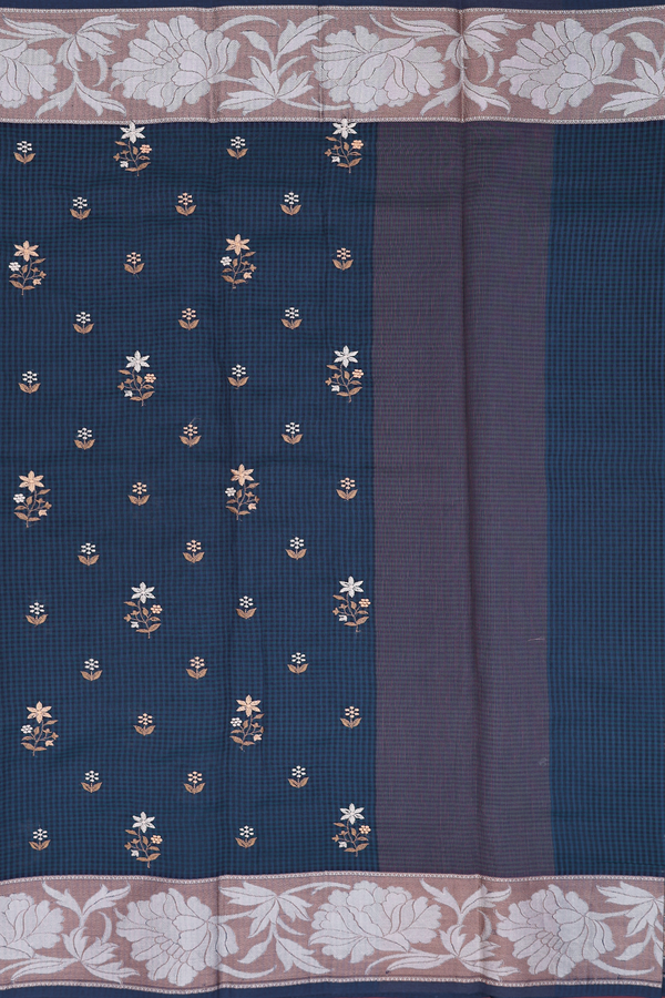 Kota Cotton Saree In Prussian Blue With Floral Buttas